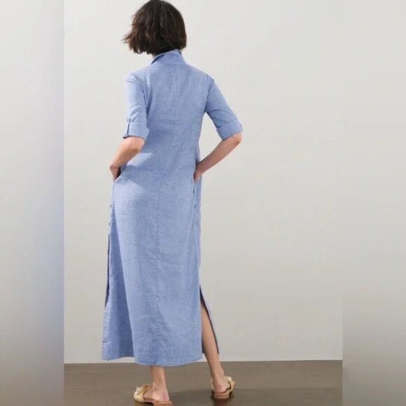 Chicos chambray denim Linen Blend Button Seam Maxi Dress size 2 - Picture 3 of 11